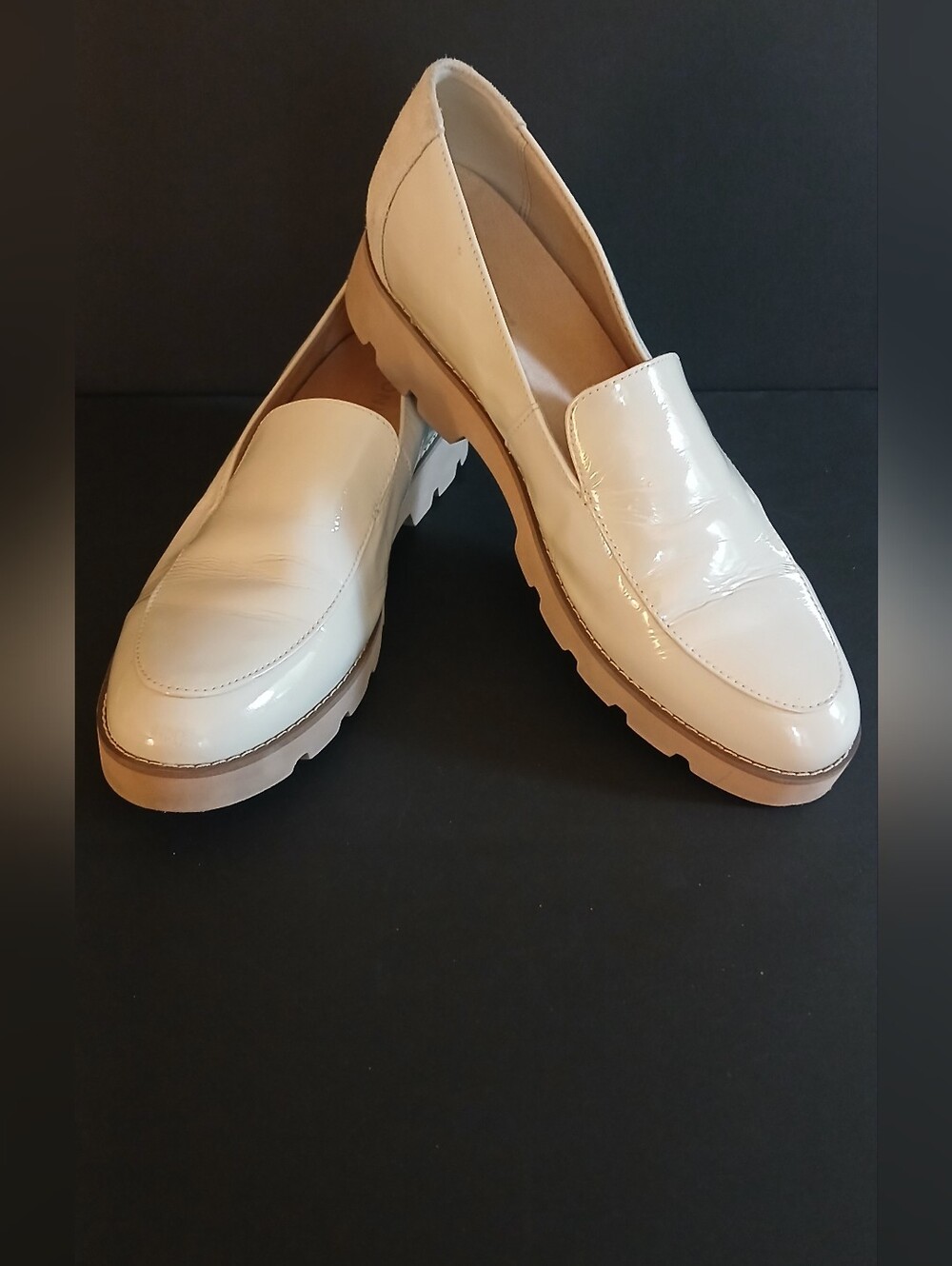 Vionic Cream Patent Loafers with Tan Lug Sole